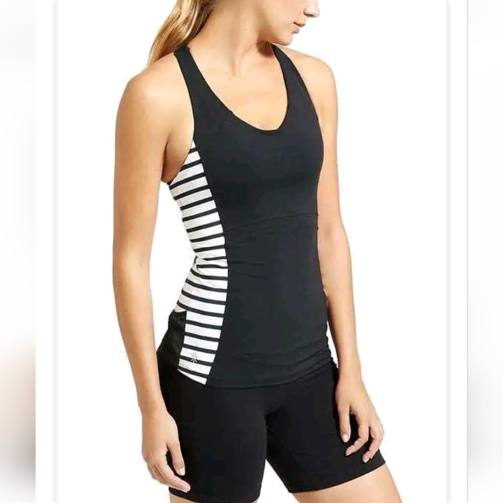 Athleta Black and White Stripe Ace Racer‎ Tank Top Mesh Details Pockets Size S